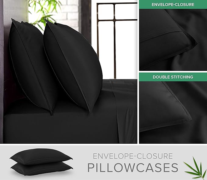 King Sheets by Pure Bamboo, Genuine 100% Organic Viscose Derived from Bamboo Bed Sheet Set, Luxuriously Soft & Cooling, Double Stitching, Lifetime Quality Promise (King, Black)