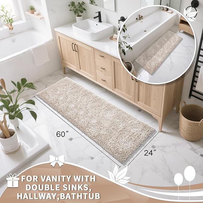 Yimobra Long Bathroom Rugs Runner 60x24 Inch, Extra Thick Soft Absorbent Chenille Bath Mat, Non Slip Machine Washable, Quick Dry Bath Rugs for Bathroom Floor, Tub and Shower, Khaki