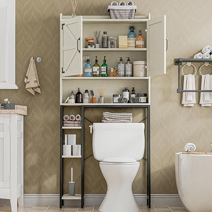 Vabches Over The Toilet Storage Cabinet, Farmhouse Storage Cabinet Over Toilet with 2 Barn Door & Toilet Paper Holder Stand，Home Space-Saving Toilet Rack, for Bathroom, Restroom, Laundry