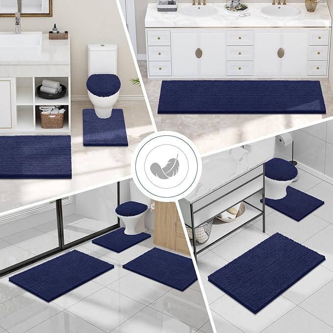 Smiry Luxury Chenille Bathroom Rugs 34x21, Extra Soft and Absorbent Shaggy Bath Mat, Machine Washable, Non-Slip Plush Carpet Runner for Tub, Shower, and Floor, Home Decor Accessories, Navy Blue
