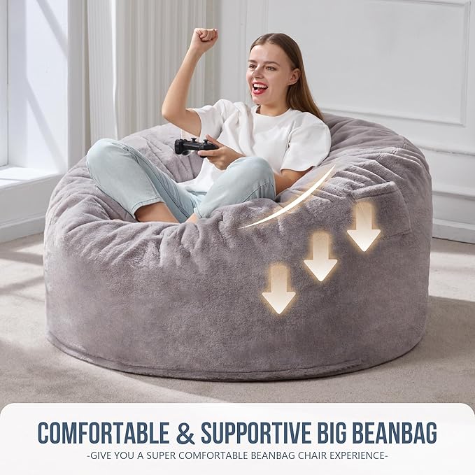 Hobestluk 4ft Bean Bag Chairs for Adults Large Beanbag Chair with Plush Faux Fur Cover Big Bean Bag Chair for Living Room Bedroom Dorm Office - Grey (44” x 44” x 24”)