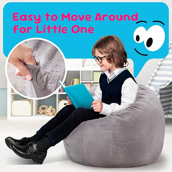 Hobestluk Bean Bag Chairs 2.5FT Bean Bag Chair with Memory Foam Filled & Plush Faux Fur Cover Small Bean Bag Chairs for Playroom, Living Room, Bedroom (Grey)
