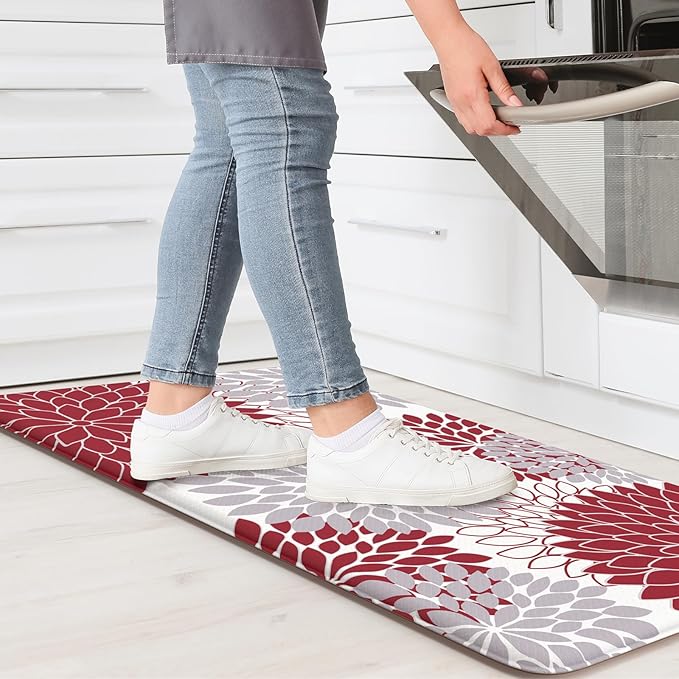 KIMODE Anti Fatigue Kitchen Mat 17.3"x29", Farmhouse Padded Kitchen Floor Mats Non Slip, Waterproof Kitchen Mat for Floor, Comfort Standing Mat for Laundry, Office, Sink, Desk Red and Grey