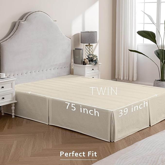 MIYE Pleated Waffle Weave Bed Skirt, Tailored Dust Ruffle 12 Inch Drop Easy Fit, Machine Washable,No Split Corners (Light Beige, Twin - 12" Drop)