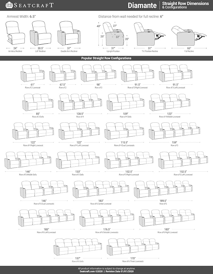 Seatcraft Diamante - Home Theater Seating - Living Room - Power Recline - Italian Leather - Powered Headrests - Cupholders - USB Charging - Ambient Lighting - Arm Storage, Black/Tan Oak, Row of 4