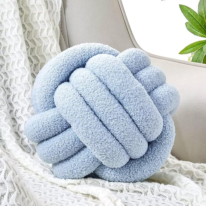 Uvvyui Knot Pillow Ball, Soft Home Decorative Pillows, Round Throw Pillow, Handmade Knotted Plush Pillow, Round Boucle Pillow Cushion (11 Inches Blue)
