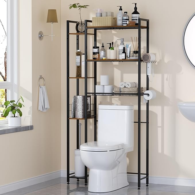 Over Toilet Bathroom Organizer, Solid Wood Over Toilet Storage Shelves with Toilet Paper Holder, Hooks, Side Rack, Sturdy Metal Standing Shelf for Laundry, Balcony, 9.45" D x 31.5" W x 66" H