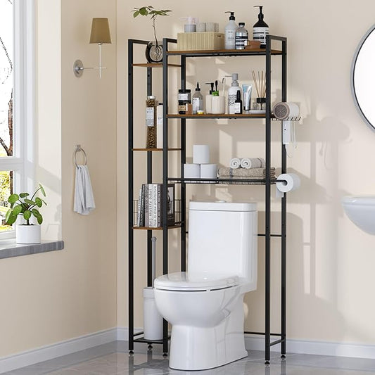 Over Toilet Bathroom Organizer, Solid Wood Over Toilet Storage Shelves with Toilet Paper Holder, Hooks, Side Rack, Sturdy Metal Standing Shelf for Laundry, Balcony, 9.45" D x 31.5" W x 66" H