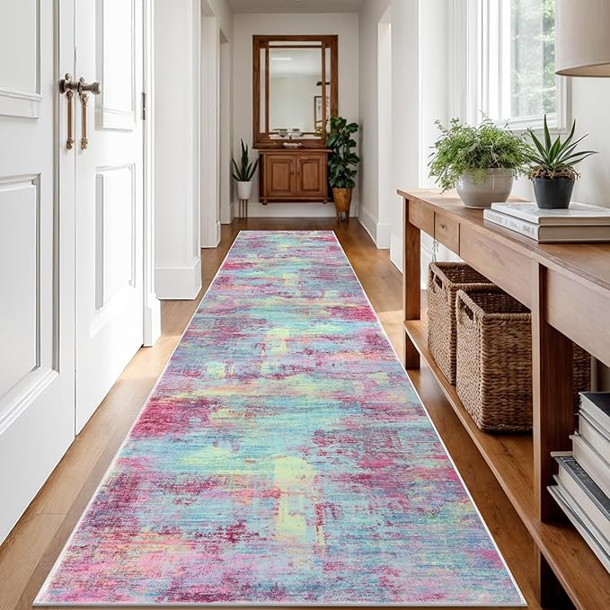 IOHOUZE Abstract Runner Rug 3x12 Ft Washable Runners for Hallways, Non Slip Kitchen Runner Printed Faux Wool Entryway Runner Indoor, Modern Abstract Floor Carpet for Hall Kitchen, Pink Teal