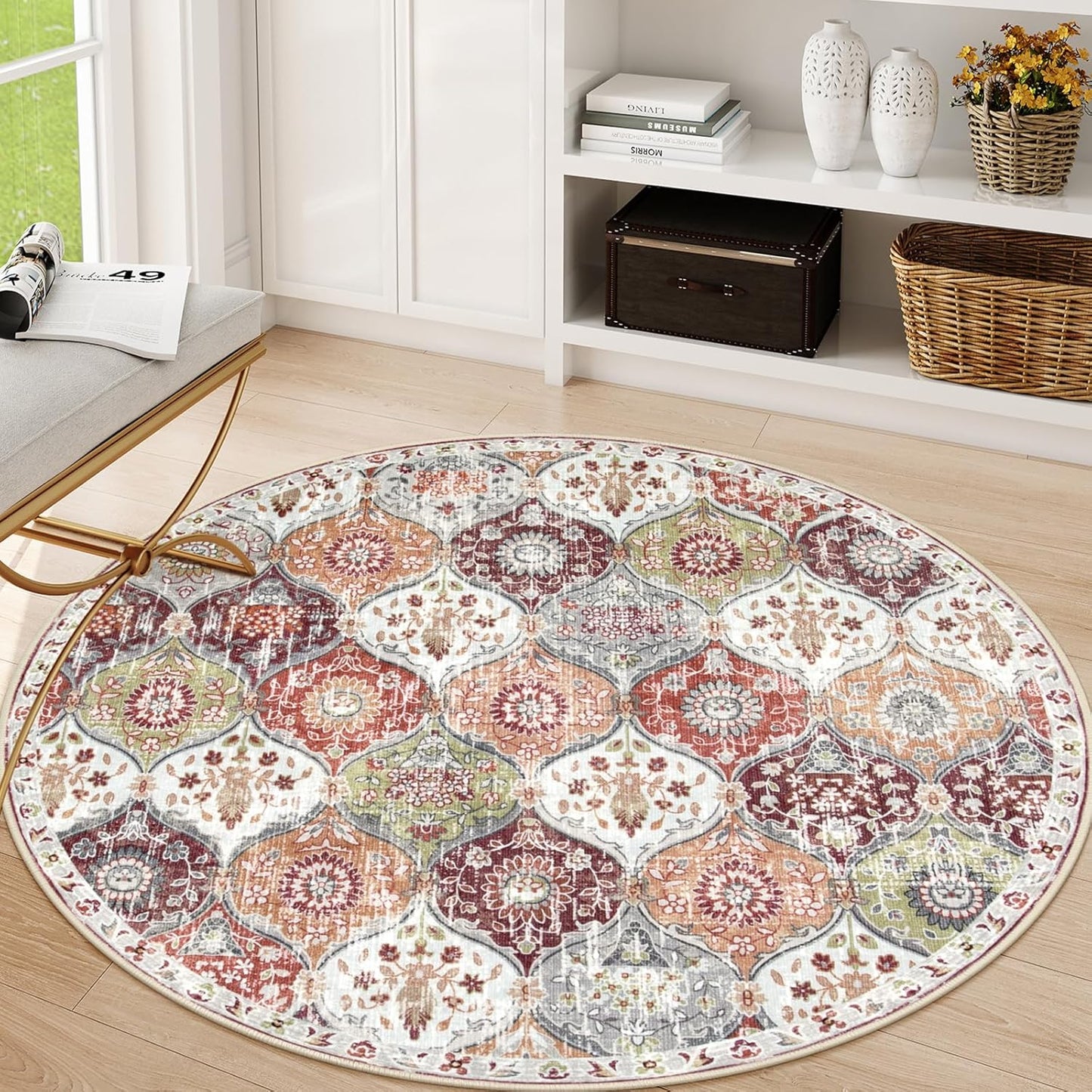 Lahome Moroccan Trellis Washable Round Rugs, Non-Slip Soft Round Rug 4ft Ultra-Thin, Small Vintage Circle Carpet for Entryway Kitchen Bedroom Nursery Bathroom, Orange/Terracotta