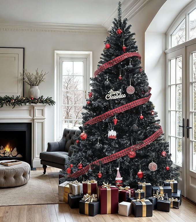 DWVO 7.5ft Pre-lit Black Christmas Tree with Lights, Prelit Halloween ChristmasTtrees with 1600 Tips & 550 UL Listed Lights, Automatic Branches & Easy Assembly with Remote Control for Home Party