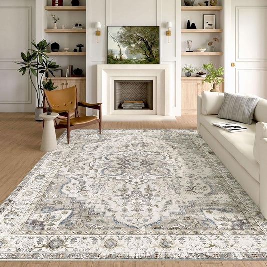 Washable Area Rug 8x10 - Large Cream Boho Rugs for Living Room Soft Vintage Bedroom Rug Ultra-Thin Distressed Oriental Carpet Stain Resistant Rug for Dining Room Guest Room Home Decor