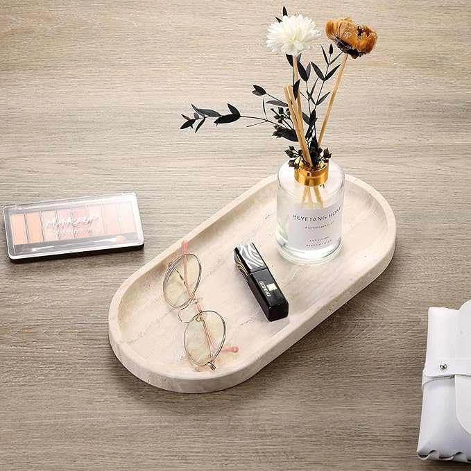 Koville Italian Natural Travertine Vanity Decorative Marble Tray, 12"x6" Light Beige Travertine Wabi Sabi Style Catchall Tray for Perfume, Candles, Jewelry