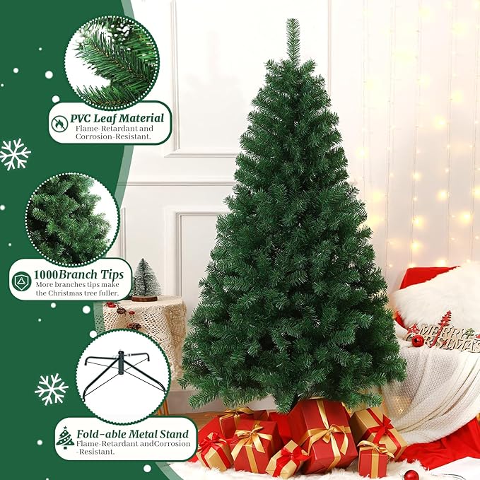 6ft Artificial Christmas Tree, Xmas Tree with 1,000 Branch Tips, Arbol de Navidad with Fold-Able Base Stand, Premium North Valley Spruce for Home, Office, Shop Decoration
