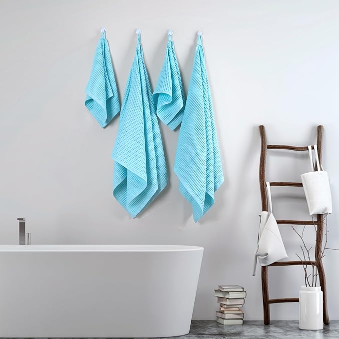 Püskül - Luxury Waffle Towel Set for Bathroom 4 Pieces Turquoise Blue, Premium Quality Organic 100% Turkish Cotton 2 Hand and 2 Bath Towels, Quick Dry Thin Waffle Towels, Made in Turkiye (Turquoise)