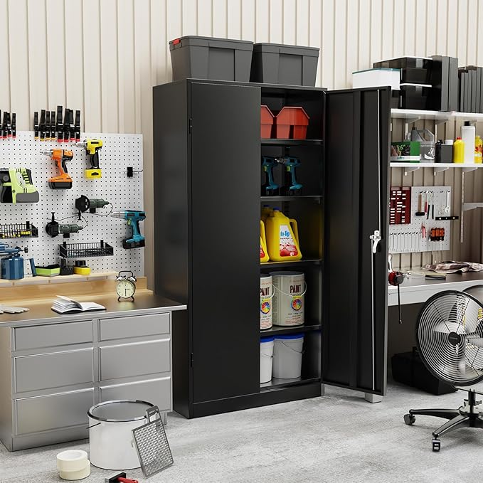 SUNCROWN 72" Metal Storage Cabinet - Heavy-Duty Metal Garage Cabinet with 4 Adjustable Shelves & 2 Doors for Tools, Office, Home, Workshop,Black