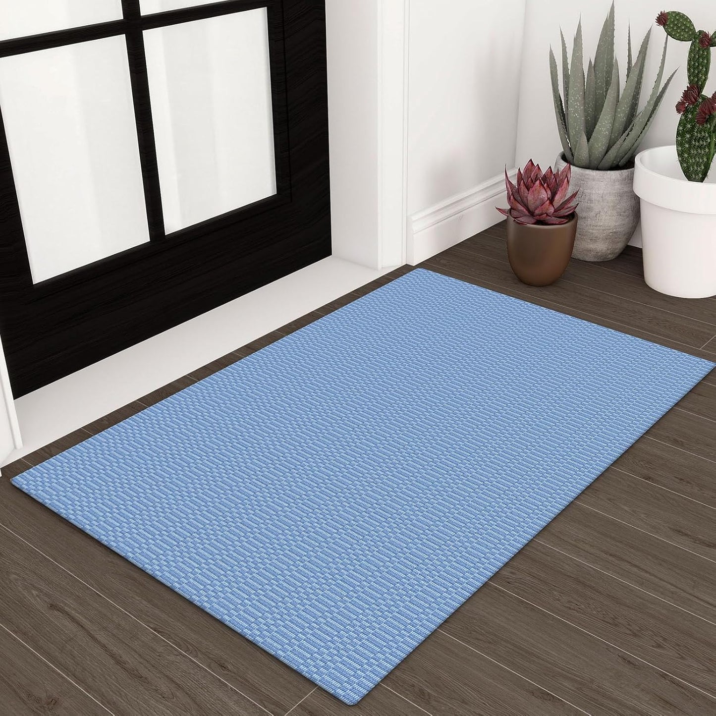 KOZYFLY Washable Area Rug 2x3 Ft Small Entryway Rug Indoor Door Mat Throw Rugs with Rubber Backing, Braided Cotton Floor Carpet for Front Entrance Bathroom Kitchen Foyer, Blue