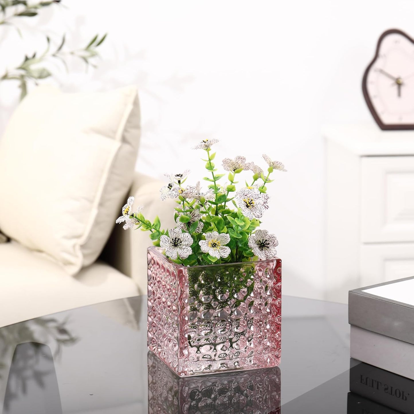 Square Vases Set of 6, 4" x 4" x 4" Square Glass Vases for Flowers, Pink Flower Vase for Centerpieces, Small Bubble Vase for Wedding, Party, Home, Office, Parties, Events