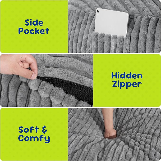 Hobestluk Bean Bag Chairs 2.5FT Bean Bag Chair with Memory Foam Filled & Stripe Plush Cover Bean Bag Chairs for Playroom, Living Room, Bedroom(Grey)