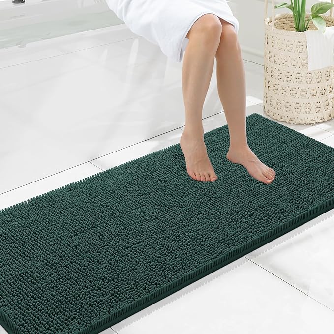 Smiry Luxury Chenille Bathroom Rugs 59x20, Extra Soft and Absorbent Shaggy Bath Mat, Machine Washable, Non-Slip Plush Carpet Runner for Tub, Shower, and Floor, Home Decor Accessories, Green