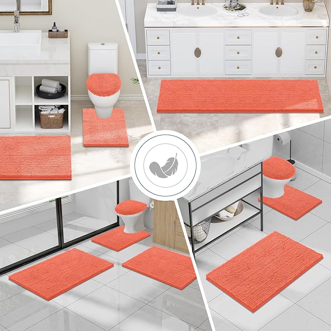 Smiry Luxury Chenille Bathroom Rugs 30x20, Extra Soft and Absorbent Shaggy Bath Mat, Machine Washable, Non-Slip Plush Carpet Runner for Tub, Shower, and Floor, Home Decor Accessories, Coral