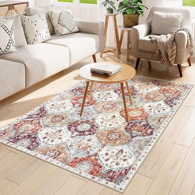 Lahome Moroccan Machine Washable Rugs for Living Room, 4x6 Rug for Bedroom Non-Slip Vintage Trellis Ultra-Thin Throw Carpet for Dining Room Office Nursery, Orange/Terracotta
