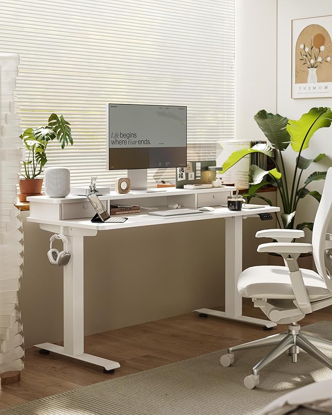 FEZIBO 60 x 24 Inch Height Adjustable Electric Standing Desk with Double Drawer, Sit Stand Desk, Home Office Stand Up Table with 4 Height-Adjustable Feets & 2 Hooks, White