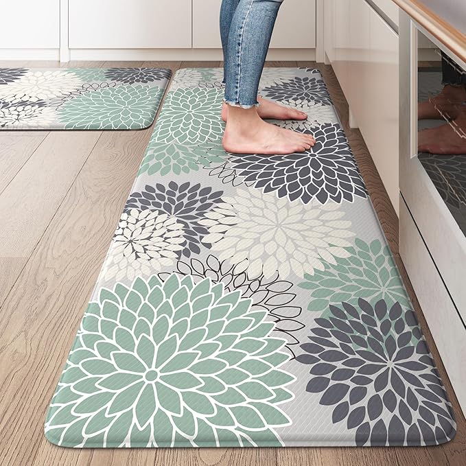 KIMODE Cushioned Anti Fatigue Rugs Sets of 2, Ergonomic Standing Kitchen Mat 2PCS, Boho Kitchen Mats for Floor Stain Resistant, Non Slip Kitchen Sink Rug Waterproof, 20"x32"+20"x47", Teal