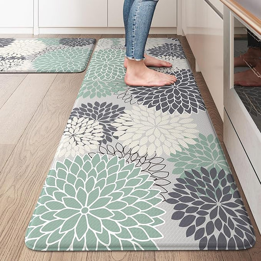 KIMODE Cushioned Anti Fatigue Rugs Sets of 2, Ergonomic Standing Kitchen Mat 2PCS, Boho Kitchen Mats for Floor Stain Resistant, Non Slip Kitchen Sink Rug Waterproof, 20"x32"+20"x47", Teal