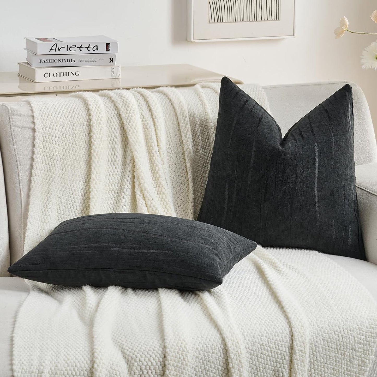 FUTEI Black Chenille Decorative Throw Pillow Covers 20x20 Inch Set of 2,Soft Embossed Striped Textured Cushion Case,Modern Home Decor for Couch Bed Living Room