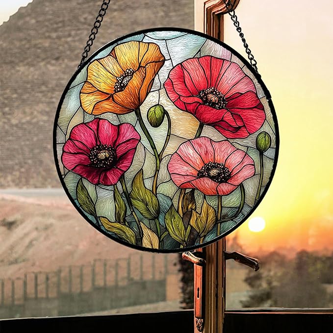 Stained Glass Suncatcher, Red Orange Poppy Flowers Sun Catcher Silver Background Wildflowers Window Hanging Decor Christmas Mother Birthday Gifts for Women Men Mom Nana 9.8 in