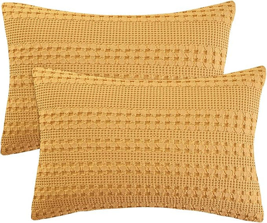 PHF 100% Cotton Waffle Pillow Shams Standard Size, 2 Pack 20" x 26" Soft Skin-Friendly Pillowcases, No Filling, Aesthetic Woven and Breathable Waffle Weave Pillow Case Covers for Bed, Honey Yellow