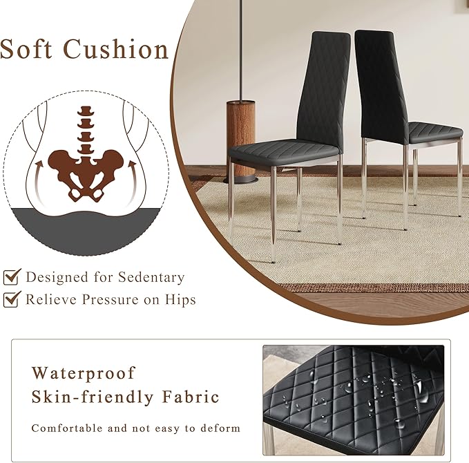 JT Modern Minimalist Dining Chair Fireproof Leather Sprayed Metal Pipe Diamond Grid Pattern Restaurant Home Conference Chair Set of 4 Or 6 (4, Black-Silver)