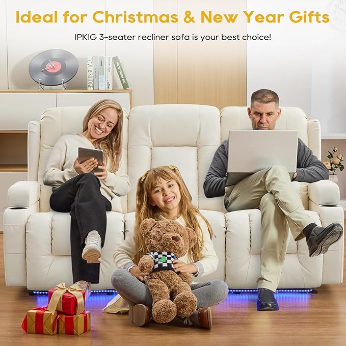 IPKIG 76" Power Reclining Sofa, Electric Home Theater Seating with Flipped Middle Backrest/LED Lighting/USB Ports/Built-in Outlets, Dual Recliner Sofa 3 Seater for Living Room RV (Off-White)