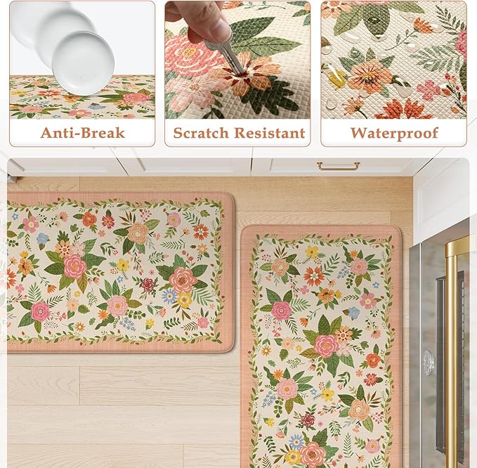 KIMODE Anti Fatigue Kitchen Mats, Padded Kitchen Floor Mats 17"x47"+17"x29", Farmhouse Kitchen Rugs Sets of 2, Pink Rugs for Kitchen Floor, Cushioned Standing Mat for Laundry Office Sink Desk