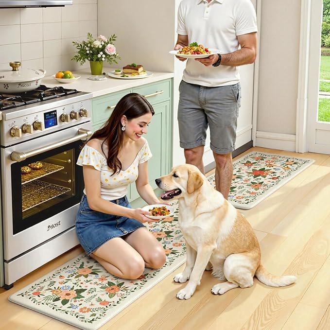 KIMODE Kitchen Mats for Floor Anti Fatigue, White Floral Rugs for Kitchen Floor, Padded Kitchen Floor Mats, Cushioned Kitchen Mats for Floor 2 Piece for Laundry Office Sink Desk 17"x47"+17"x29"