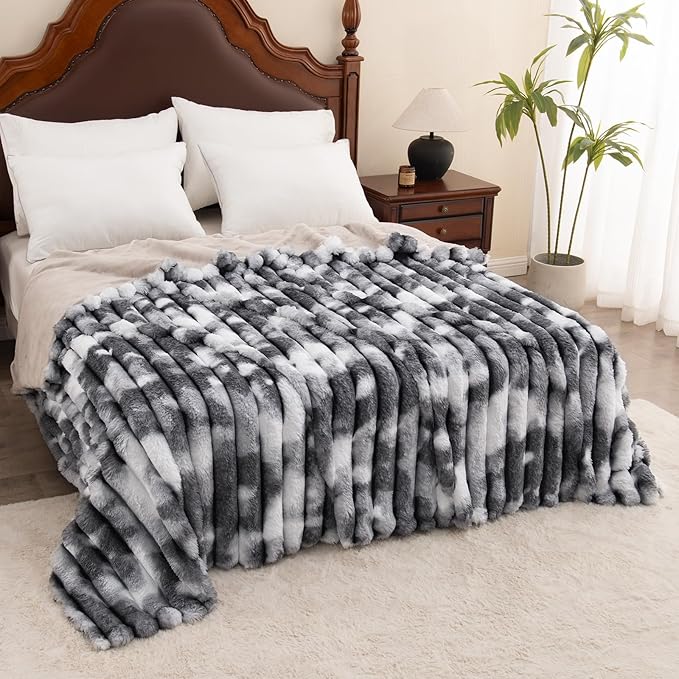 Throw Blanket for Couch - 108" x 90" Faux Rabbit Fur Throw Blanket Cozy Soft Warm Blankets for Bed Sofa Bedroom Living Room Fluffy Striped Blankets for Fall Winter, Home Decor, Grey
