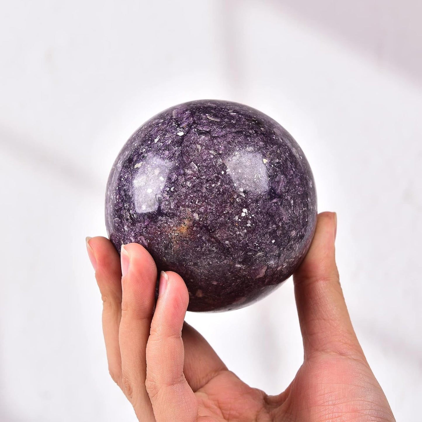 JIC Gem Deep Purple Lepidolite Sphere with Stand Natural Sparkling Lithia Mica Crystal Ball Brazil Mineral Gemstone (70-80mm)