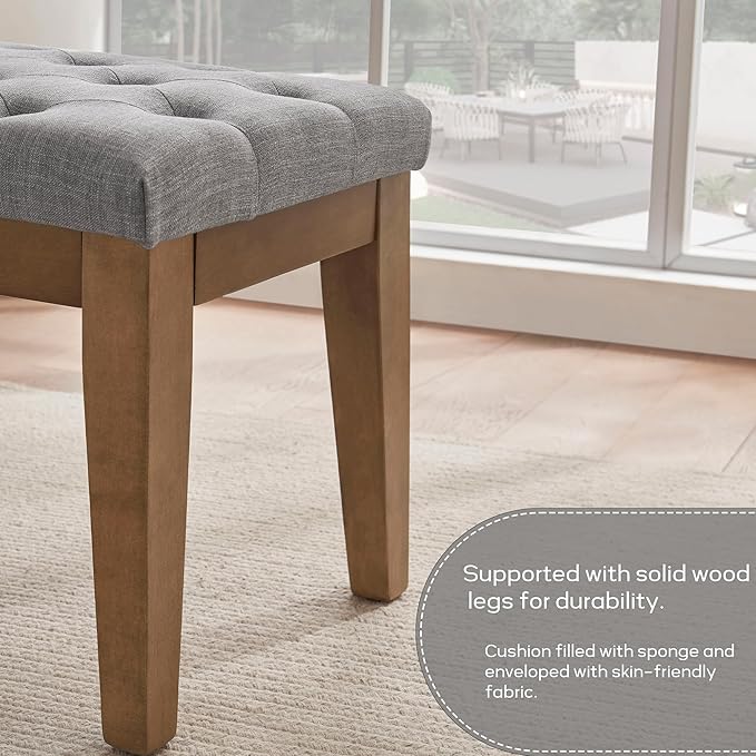 HUIMO Bedroom Bench End of Bed, Upholstered Dining Bench for Kitchen, Button-Tufted Entry Bench, Fabric Ottoman Bench for Living Room, Entryway,Grey, BEN2-4