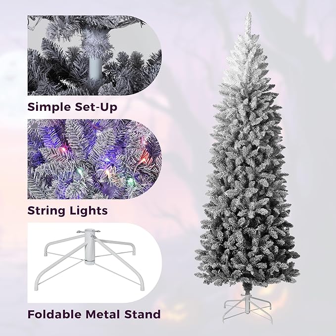 GarveeHome 6Ft Prelit Black Christmas Tree with Lights Halloween Tree Slim Artificial Halloween Christmas Tree Artificial Pencil Tree Automatic Branches for Home, Office, Party Decoration