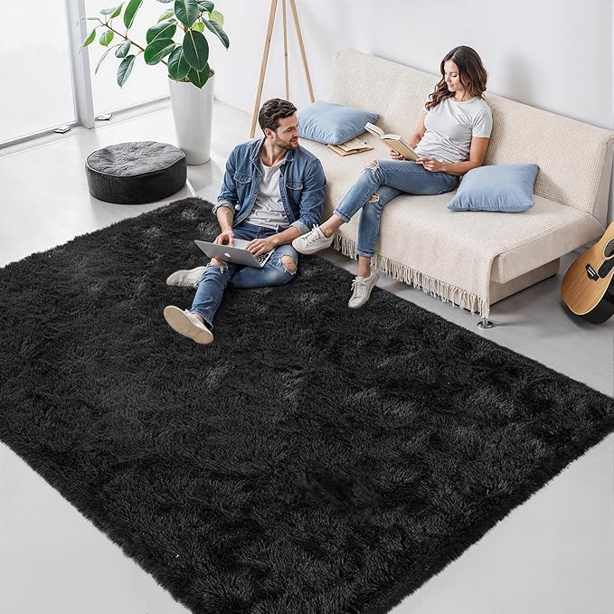5x7 Black Fluffy Area Rugs for Bedroom, Soft Indoor Plush Rug for Living Room, Large Furry Fuzzy Shag Floor Carpet for Kids Nursery Boys Room Dorm Classroom Home Office Decor Mat