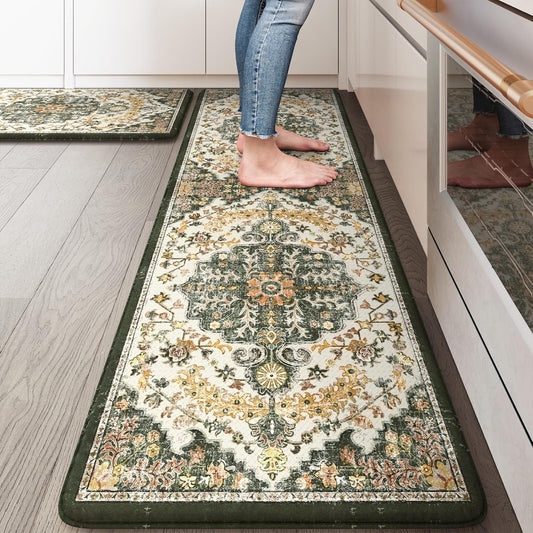 KIMODE Anti Fatigue Kitchen Mat, Farmhouse Kitchen Rugs Sets of 2, Kitchen Floor Mats Non Slip Cushioned, Waterproof Standing Mat for Laundry, Office, Sink, Desk, Green/Yellow 17.3" x 59"+17"x29"