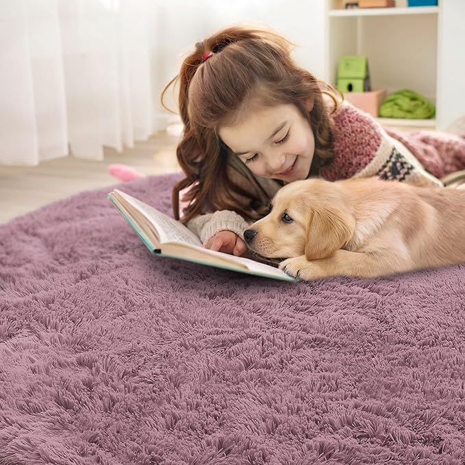OLANLY Blush Round Rugs for Bedroom - Machine Washable, 9 ft Circle Area Rugs for Living Room, Soft and Fluffy Shaggy Carpet for Teen Girls and Boys, Nursery Rooms, Dorms, Home Decor Aesthetic