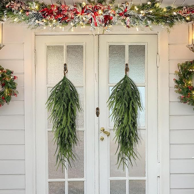 4 Pcs Extra Length Artificial Christmas Teardrop Swag, 30" Faux Pine Needles Teardrop Door Swag, Christmas Norfolk Greenery Teardrop Wreath for Xmas Door Table Mantle Fireplace Indoor Outdoor Decor