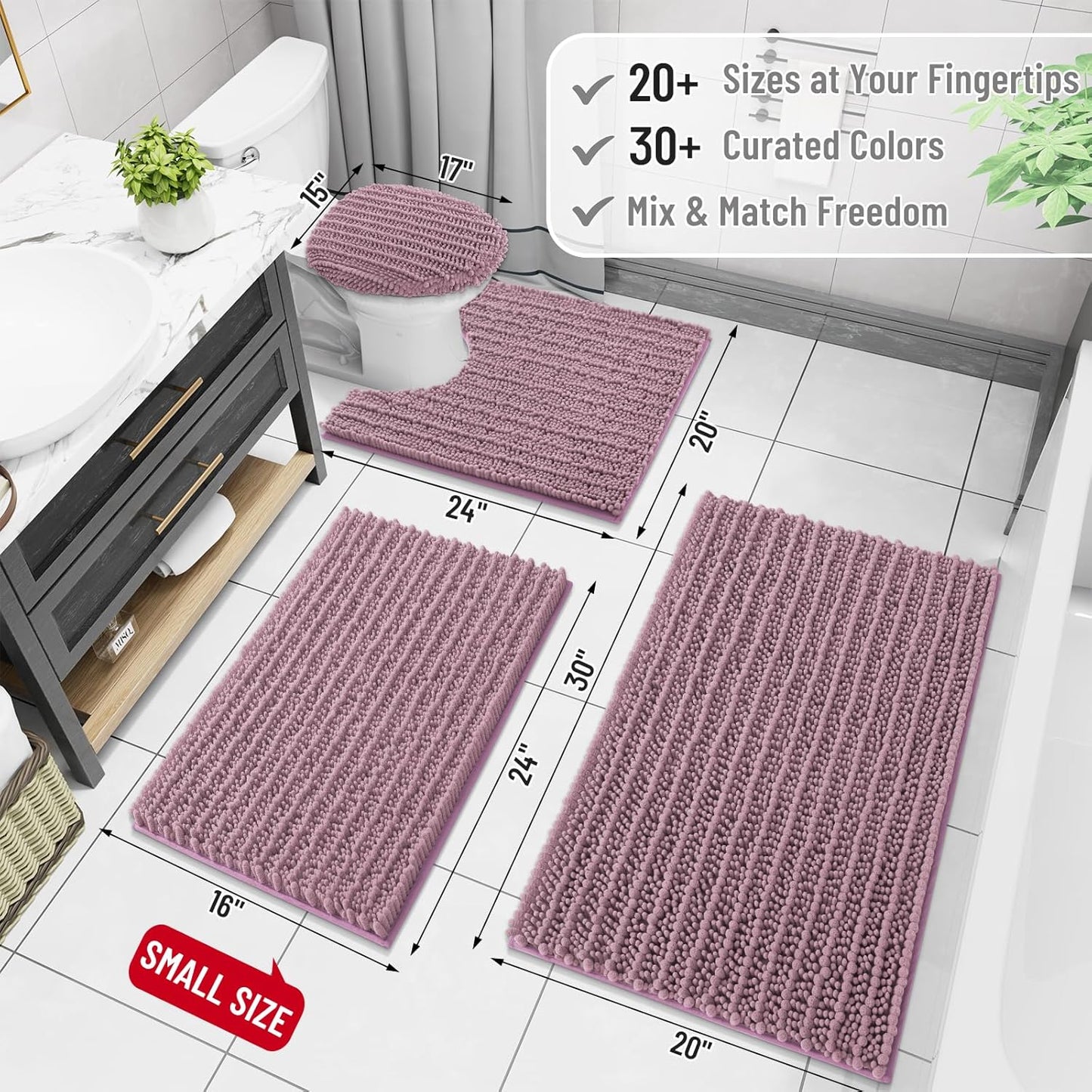 Arotive Luxury Chenille Bathroom Rug Mat, Extra Soft Thick Absorbent Shaggy Bath Rugs, Non-Slip Machine Wash Dry, Plush Bath Mats for Bathroom, Shower and Tub, 30x20, Deep Plum