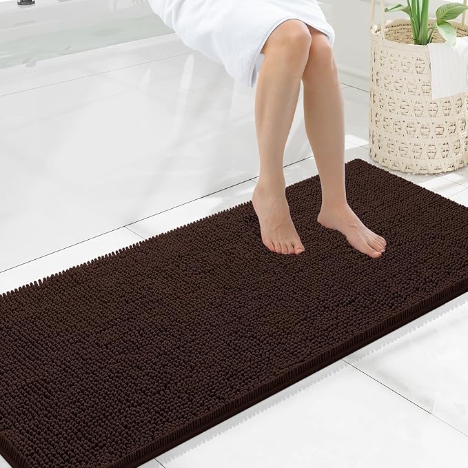 Smiry Luxury Chenille Bathroom Rugs 59x20, Extra Soft and Absorbent Shaggy Bath Mat, Machine Washable, Non-Slip Plush Carpet Runner for Tub, Shower, and Floor, Home Decor Accessories, Brown