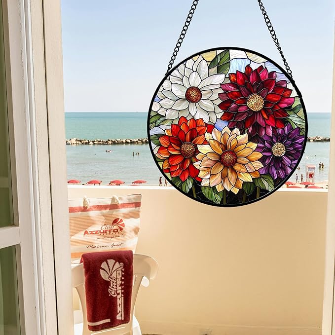 Stained Glass Window Hanging, Colorful Flowers Sun Catcher for Window Door Home Decor Plant Suncatcher Christmas Mother's Day Birthday Gifts for Women Men Mom and Nana 11.8 in