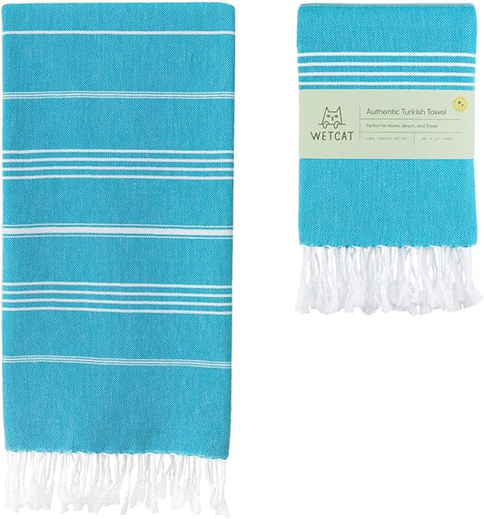 WETCAT Turkish Beach Towel Oversized (38"x71") 100% Turkish Cotton, Made in Turkey - Sand Free, Extra Large, Ultra Soft, Quick Drying, Compact & Lightweight for Travel - Turquoise