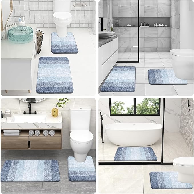 OLANLY Bathroom Rug Set 2 Piece, Soft Absorbent Microfiber Bath Mats and U-Shaped Contour Toilet Rug, Non-Slip, Machine Wash Dry, Plush Shaggy Bath Mats for Bathroom (24"x16"+24"x20", Blue)