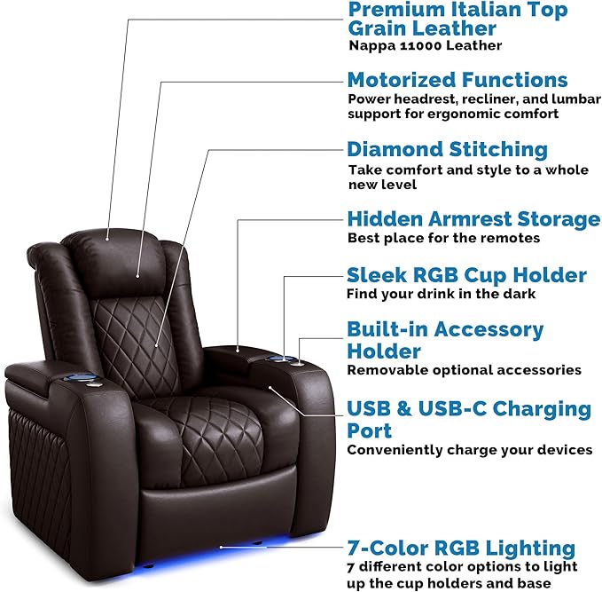 Valencia Tuscany Home Theater Seat - Nappa Leather Power Recliner with Cool Gel Memory Foam, USB-C/A Charging, RGB LED Lights, Adjustable Lumbar & Headrest (Single Recliner, Dark Chocolate)